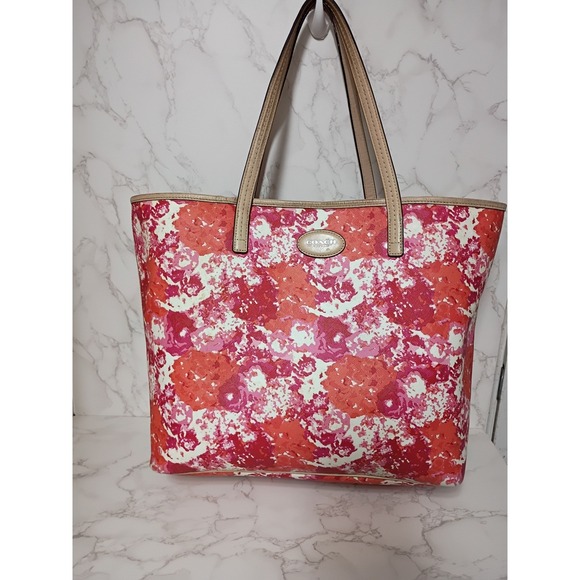 Coach Handbags - COACH Peyton Large Pink, Red & Orange Absract Floral Print Tote Bag - EUC